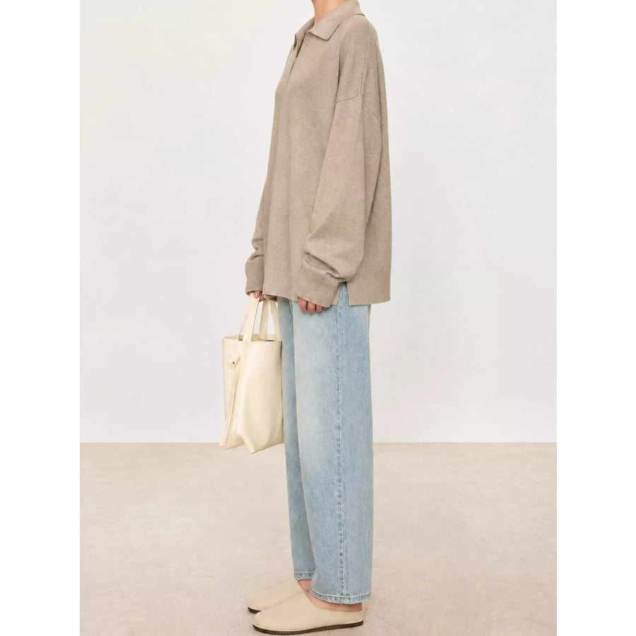 Dropped Shoulder Polo Collar Sweater Apparel and Accessories
