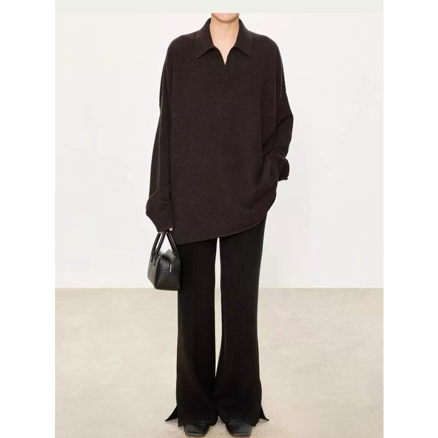 Dropped Shoulder Polo Collar Sweater Brown / S Apparel and Accessories