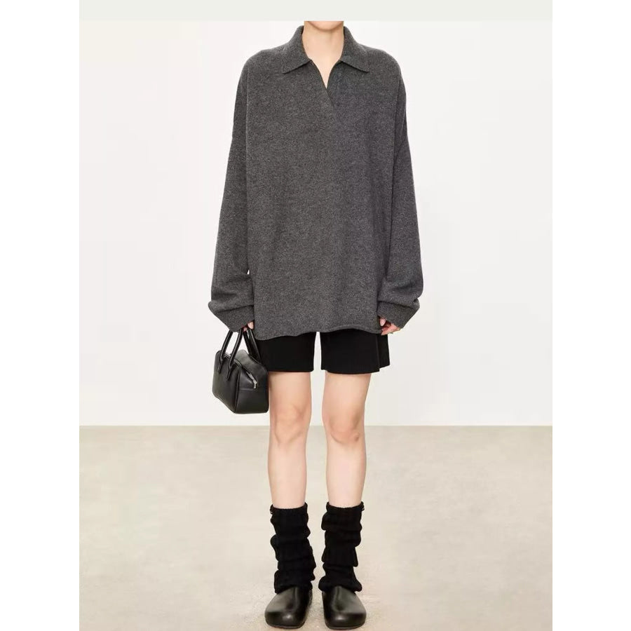 Dropped Shoulder Polo Collar Sweater Dark Gray / S Apparel and Accessories