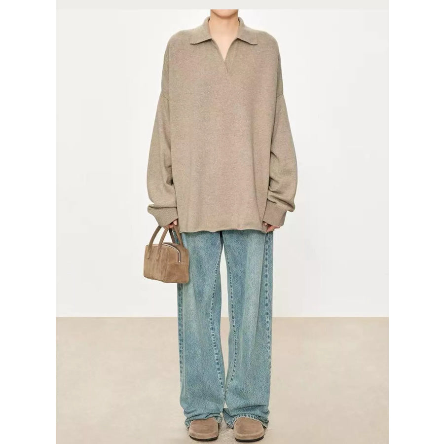 Dropped Shoulder Polo Collar Sweater Oatmeal / S Apparel and Accessories