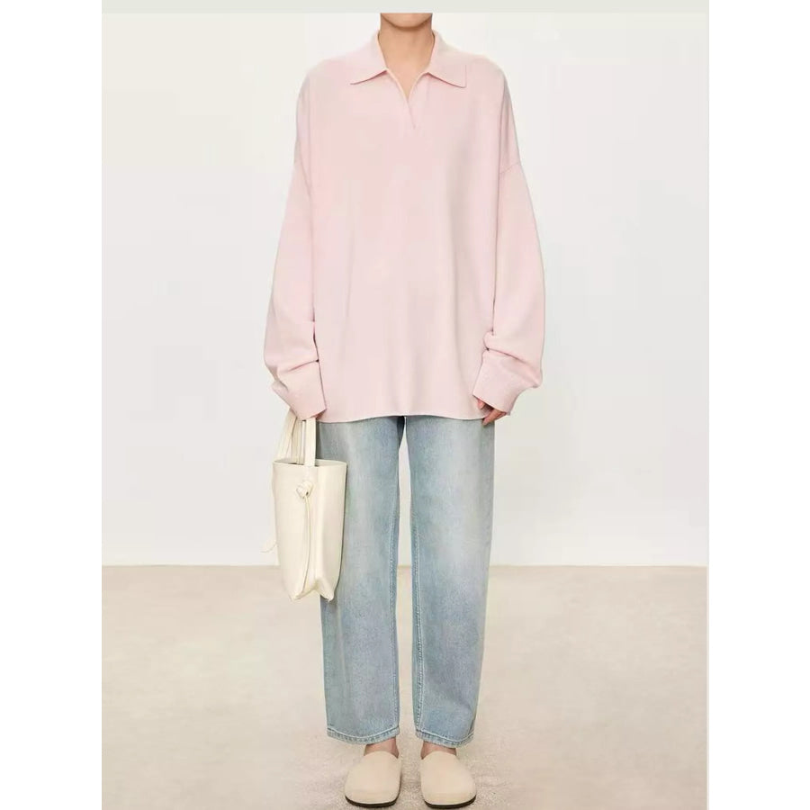 Dropped Shoulder Polo Collar Sweater Pink / S Apparel and Accessories