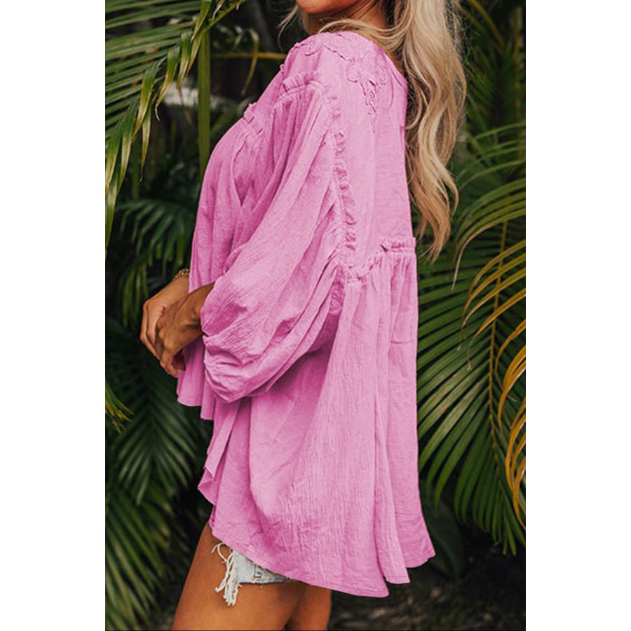 Dropped Shoulder Round Neck Blouse Pink / S Apparel and Accessories