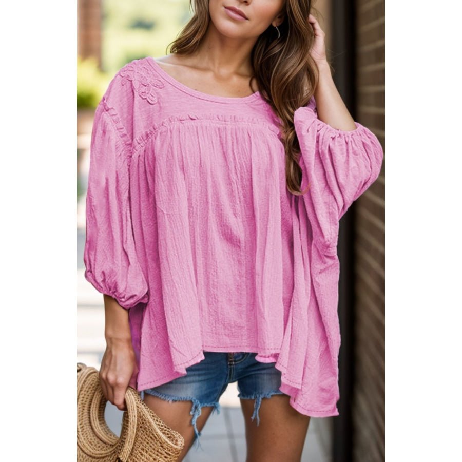 Dropped Shoulder Round Neck Blouse Pink / S Apparel and Accessories