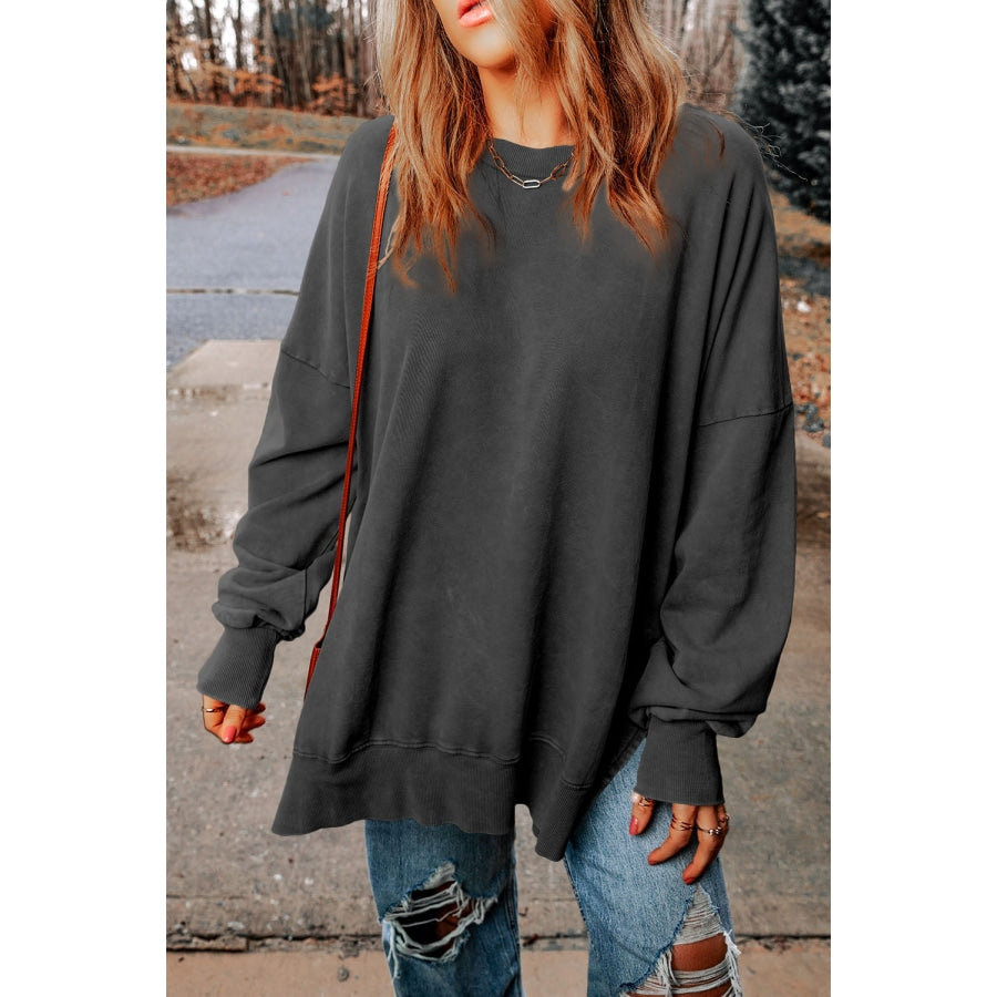 Dropped Shoulder Round Neck Long Sleeve Blouse Charcoal / S