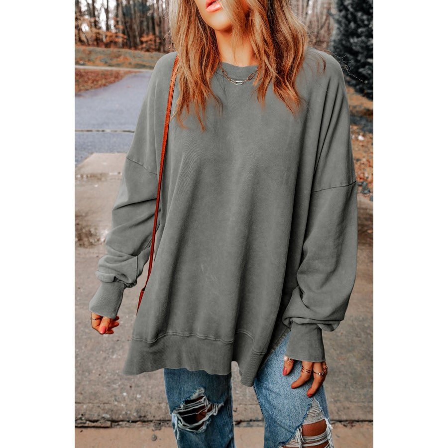 Dropped Shoulder Round Neck Long Sleeve Blouse Heather Gray / S