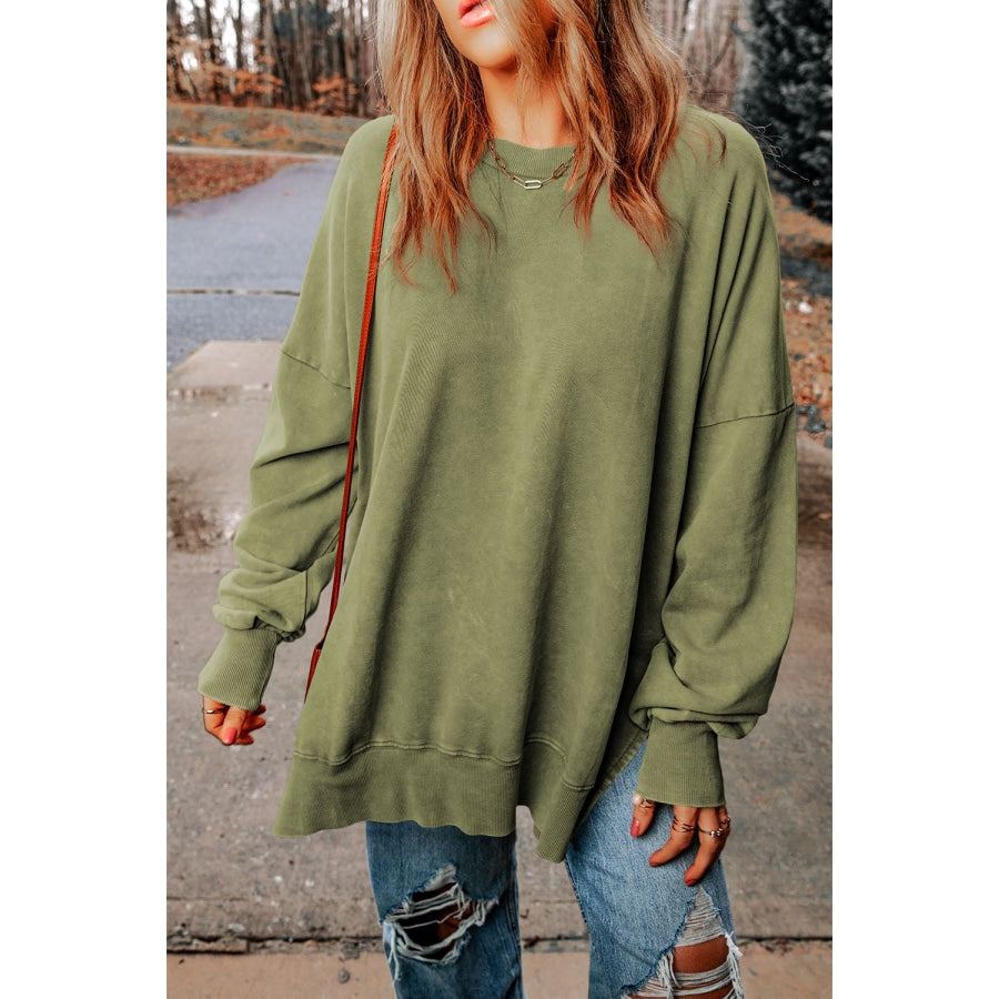 Dropped Shoulder Round Neck Long Sleeve Blouse Sage / S