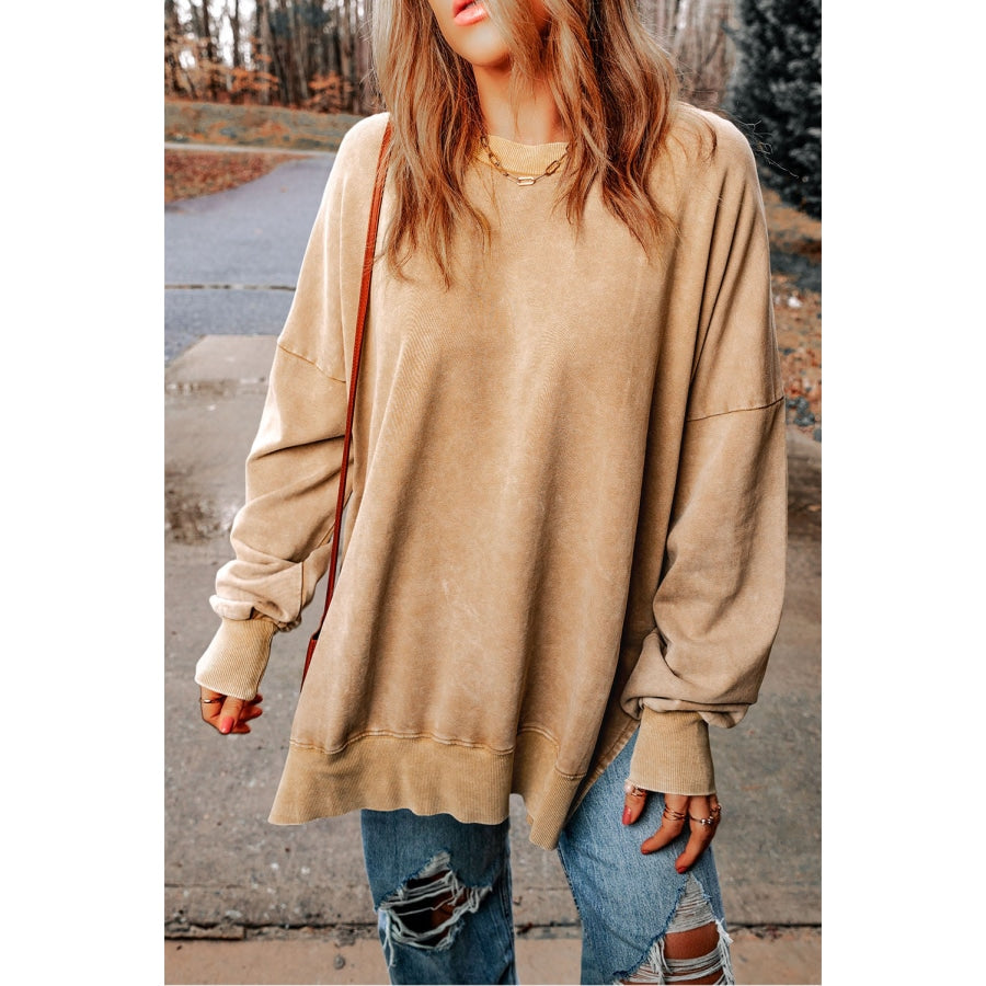 Dropped Shoulder Round Neck Long Sleeve Blouse Sand / S