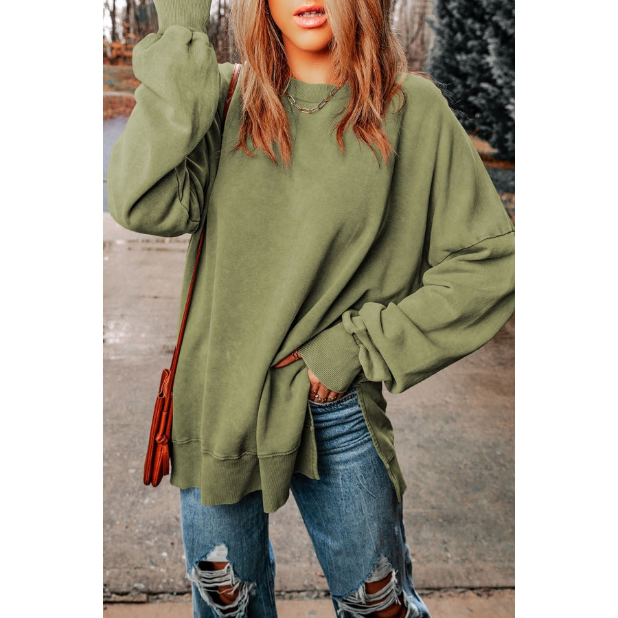 Dropped Shoulder Round Neck Long Sleeve Blouse