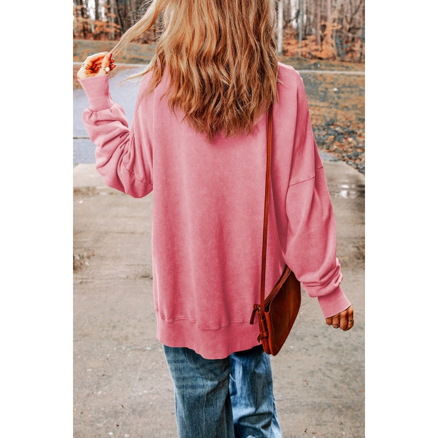 Dropped Shoulder Round Neck Long Sleeve Blouse Carnation Pink / S