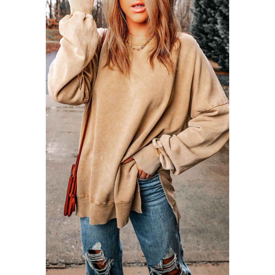 Dropped Shoulder Round Neck Long Sleeve Blouse