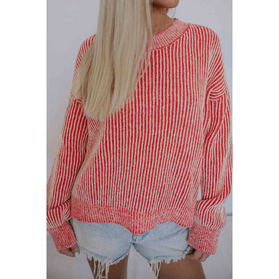 Dropped Shoulder Round Neck Sweater Strawberry / S Clothing