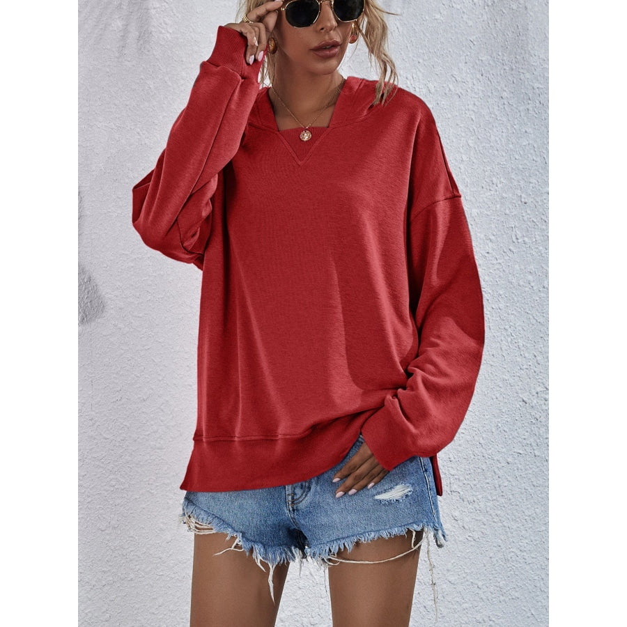 Dropped Shoulder Slit Hoodie Brick Red / S