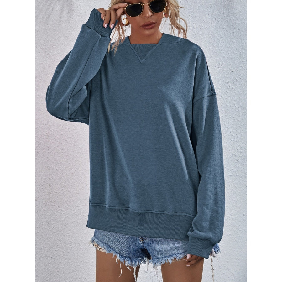 Dropped Shoulder Slit Hoodie Dusty Blue / S