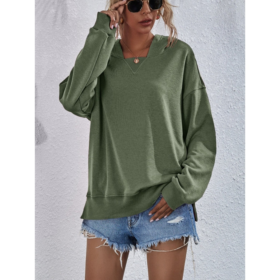 Dropped Shoulder Slit Hoodie Moss / S