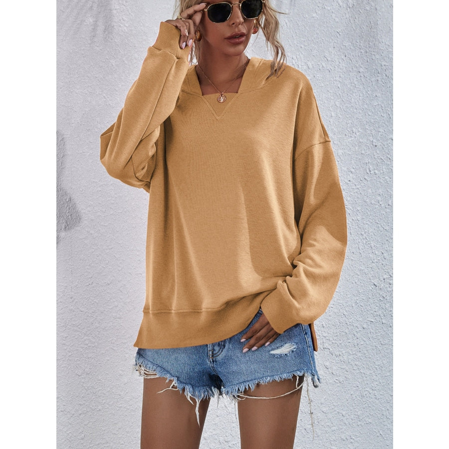 Dropped Shoulder Slit Hoodie Mustard / S