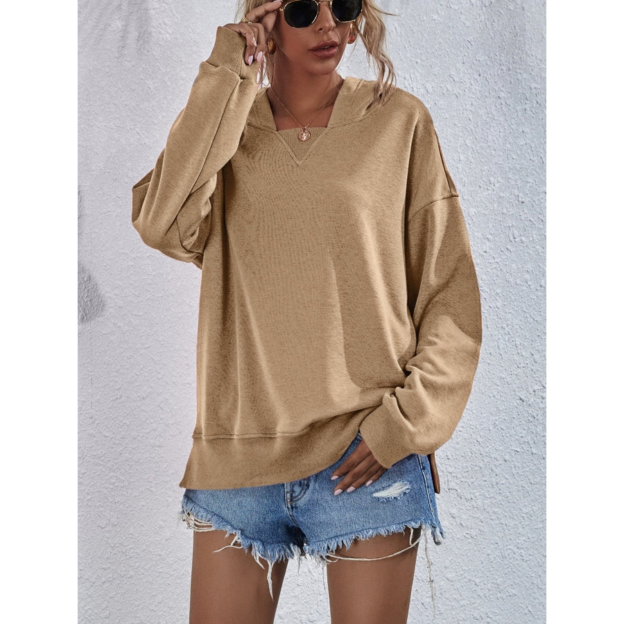 Dropped Shoulder Slit Hoodie Tan / S