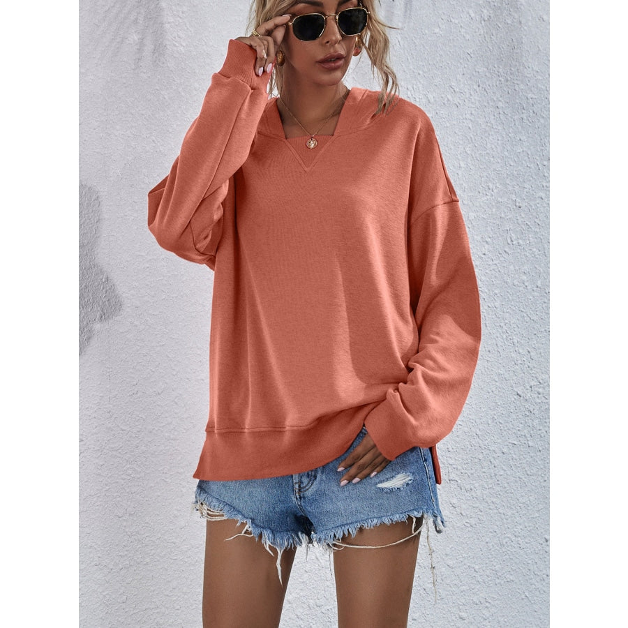 Dropped Shoulder Slit Hoodie Tangerine / S