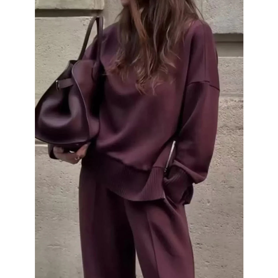 Dropped Shoulder Sweatshirt and Wide-Leg Pants Set Apparel Accessories