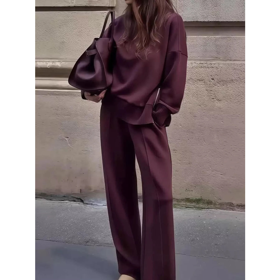Dropped Shoulder Sweatshirt and Wide-Leg Pants Set Burgundy / S Apparel Accessories