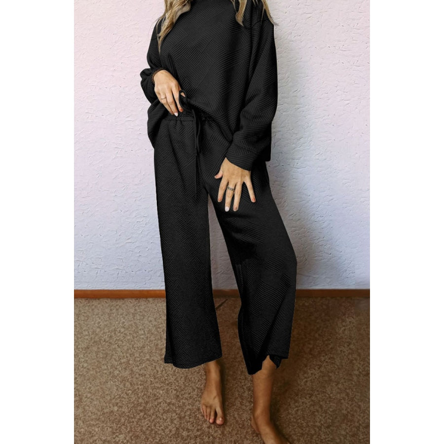 Dropped Shoulder Top and Pants Set Black / S