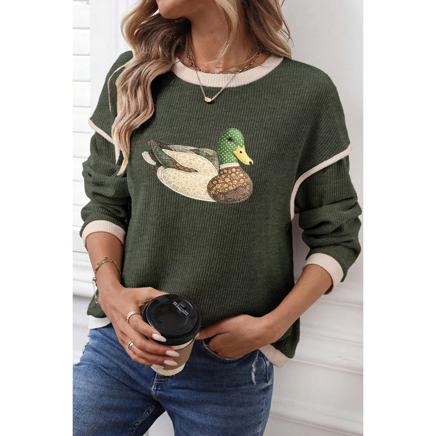 Duck Graphic Contrast Trim Patchwork Casual Knit Top Apparel and Accessories