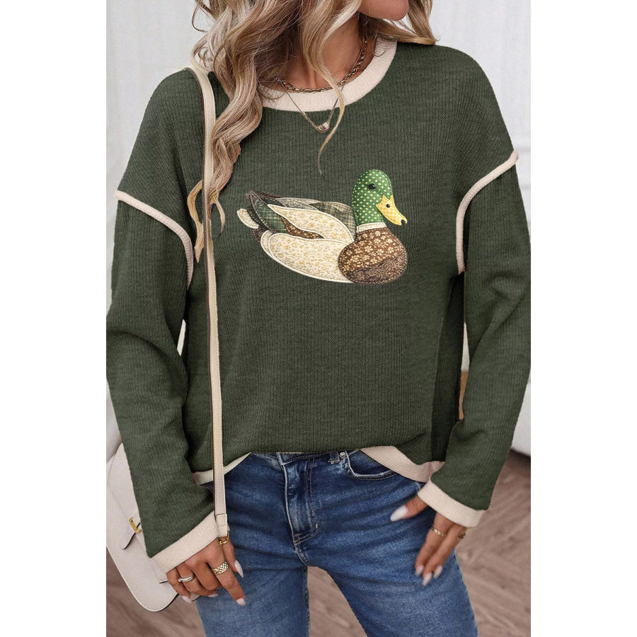 Duck Graphic Contrast Trim Patchwork Casual Knit Top Apparel and Accessories