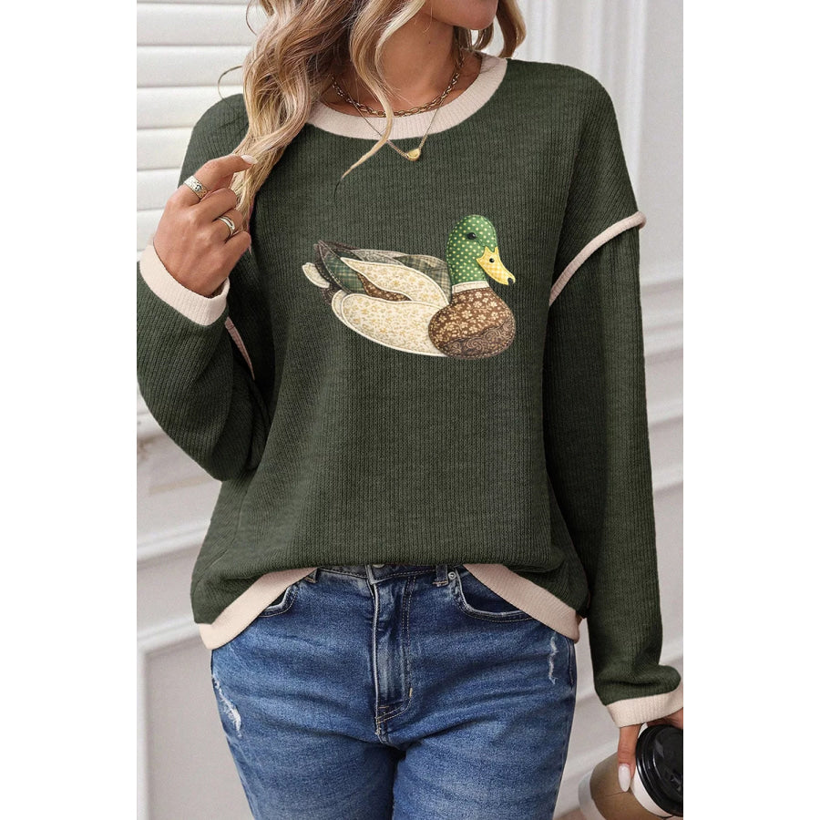 Duck Graphic Contrast Trim Patchwork Casual Knit Top Apparel and Accessories