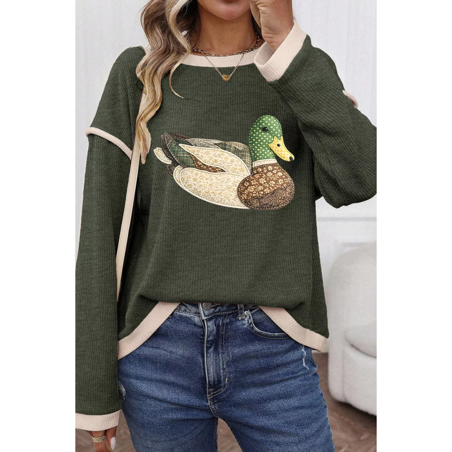 Duck Graphic Contrast Trim Patchwork Casual Knit Top Army Green / S Apparel and Accessories