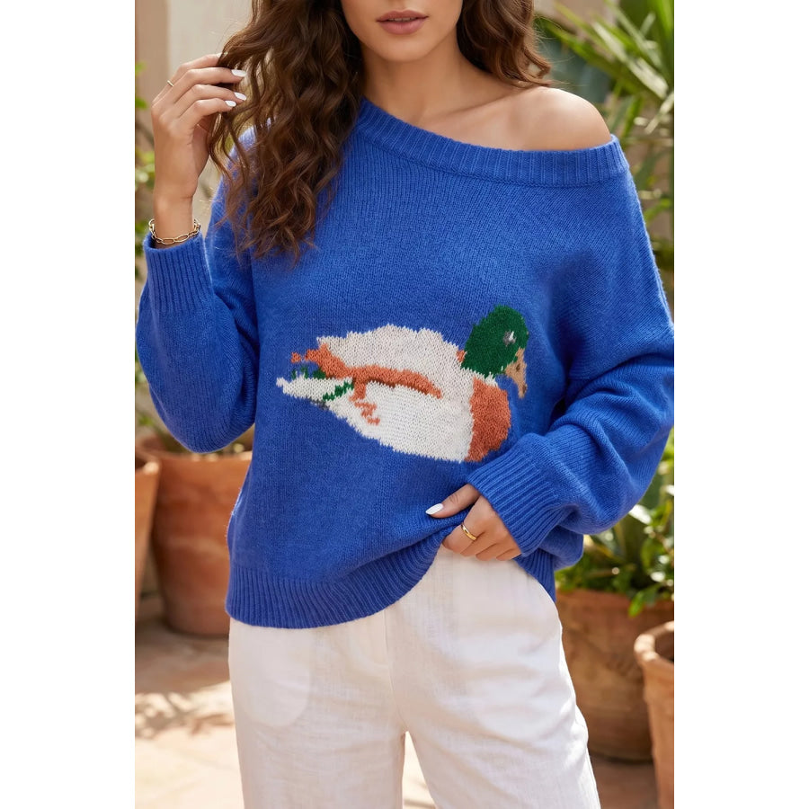 Duck Graphic Drop Shoulder Long Sleeve Sweater Royal Blue / S Apparel and Accessories