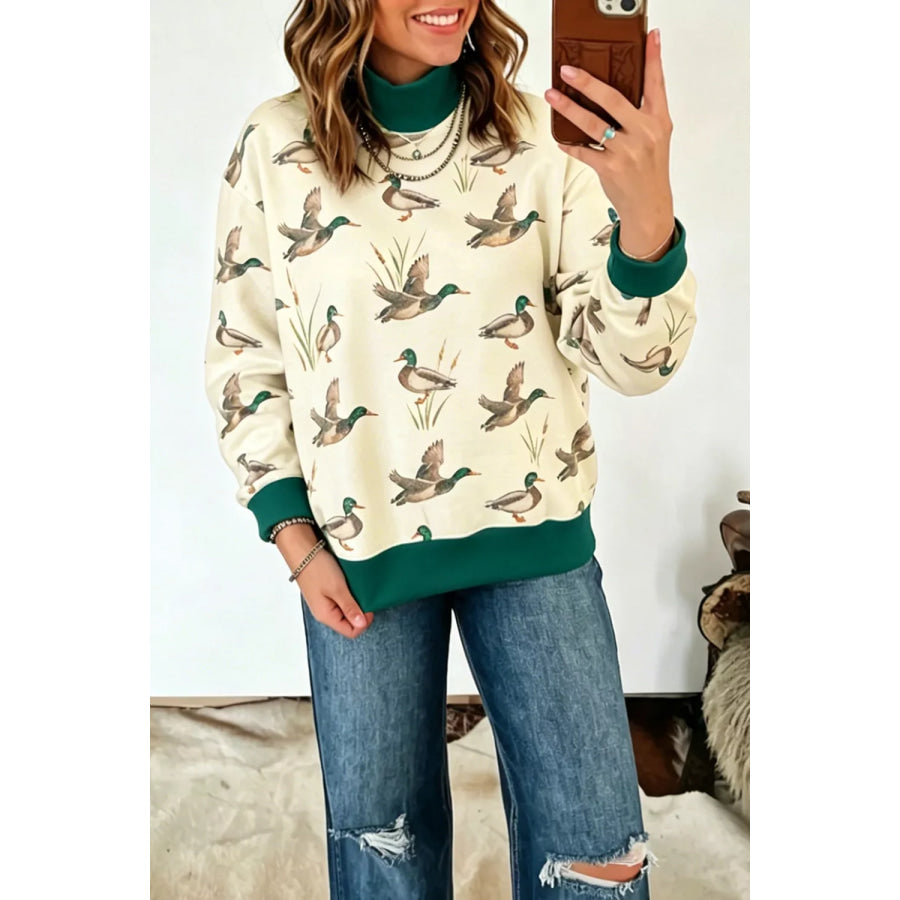 Duck Print Mock Neck Sweatshirt Beige / S Apparel and Accessories