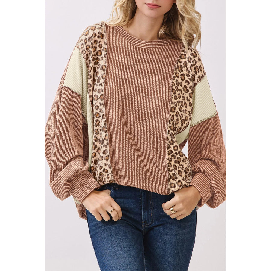 DUNE Leopard Print Colorblock Ribbed Knit Top DUNE / S / 75% Polyester + 20% Viscose + 5% Elastane Tops/Long Sleeve Tops