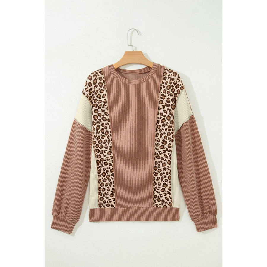DUNE Leopard Print Colorblock Ribbed Knit Top Tops/Long Sleeve Tops