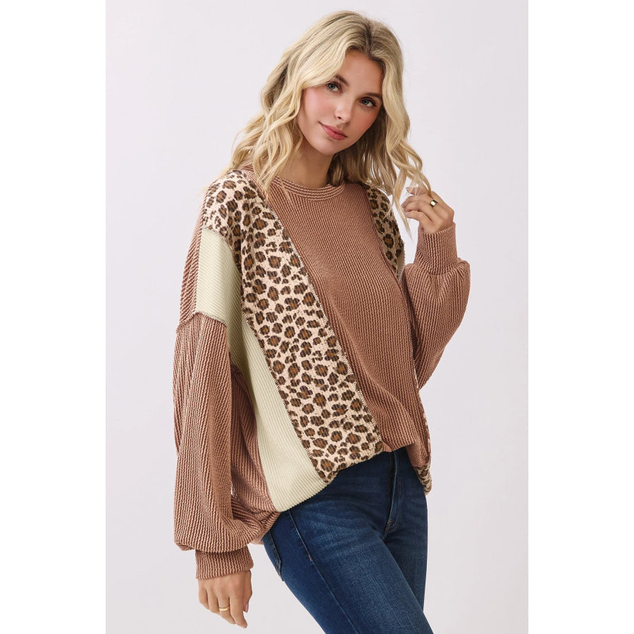 DUNE Leopard Print Colorblock Ribbed Knit Top Tops/Long Sleeve Tops