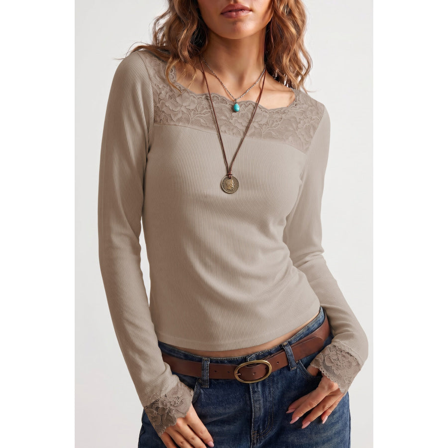 DUNE Solid Color Ribbed Lace Neck Long Sleeve Top / S / 92% Polyester + 8% Elastane Tops/Long Tops