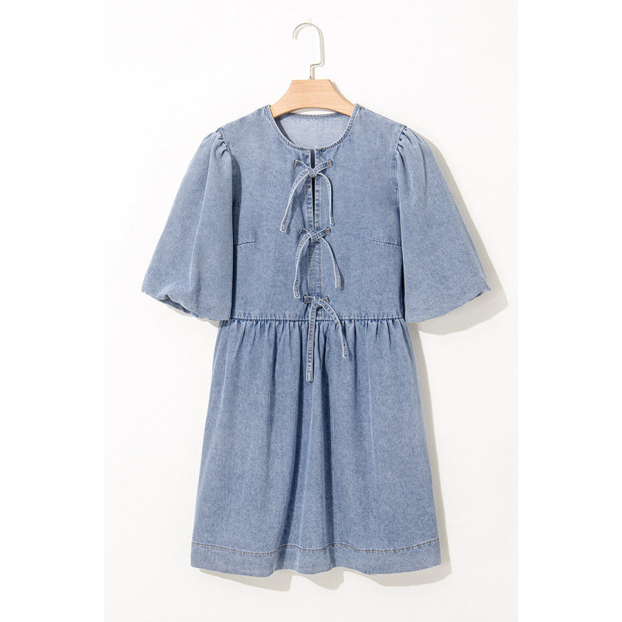 Dusk Blue Bowknot Bubble Sleeve Short Denim Dress Dresses/Mini Dresses