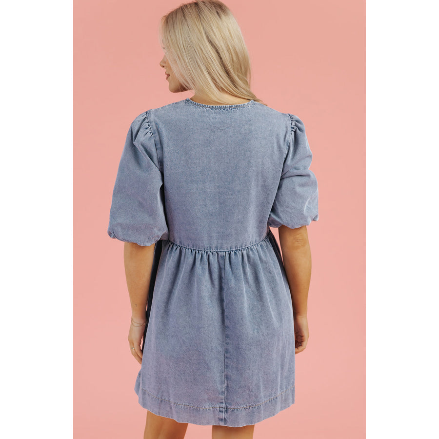 Dusk Blue Bowknot Bubble Sleeve Short Denim Dress Dresses/Mini Dresses