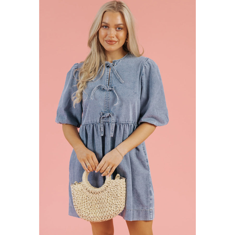 Dusk Blue Bowknot Bubble Sleeve Short Denim Dress Dresses/Mini Dresses