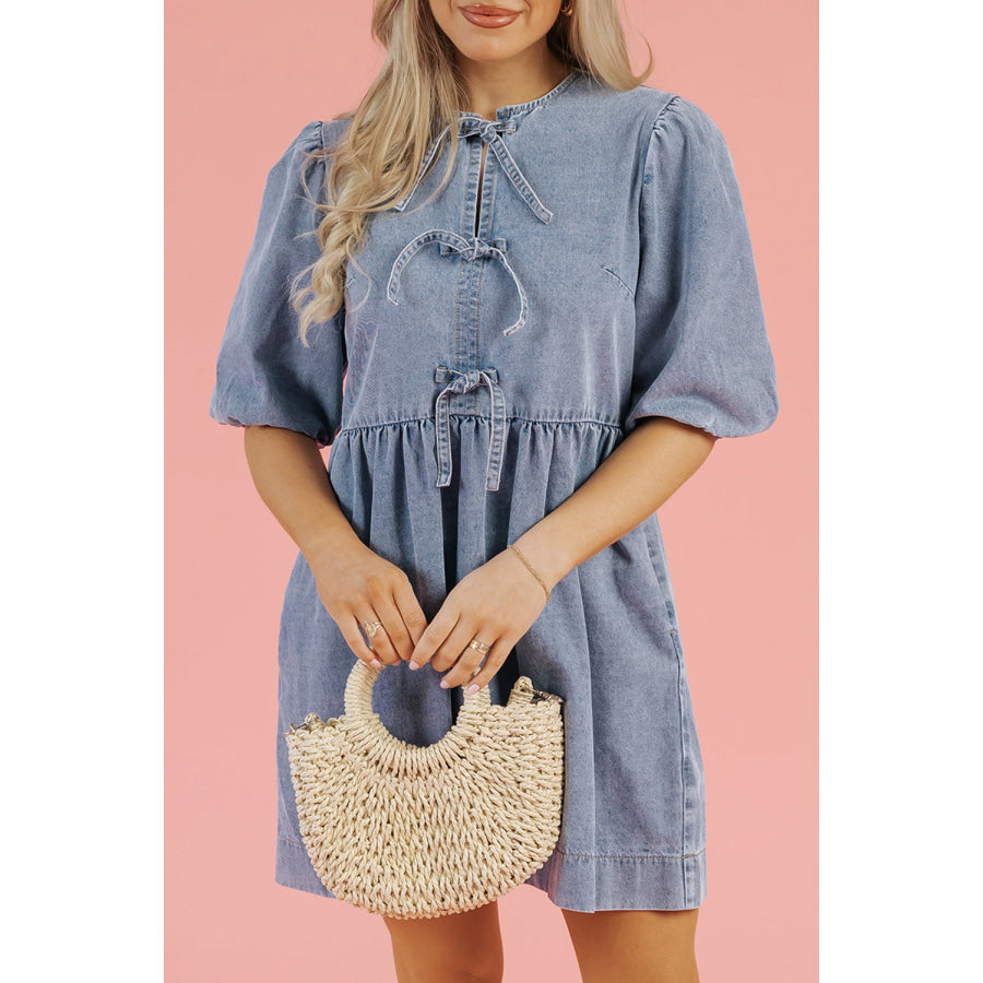Dusk Blue Bowknot Bubble Sleeve Short Denim Dress Dresses/Mini Dresses