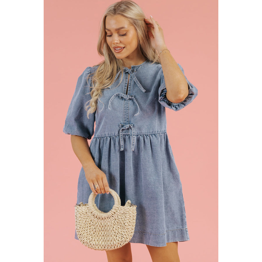 Dusk Blue Bowknot Bubble Sleeve Short Denim Dress Dresses/Mini Dresses