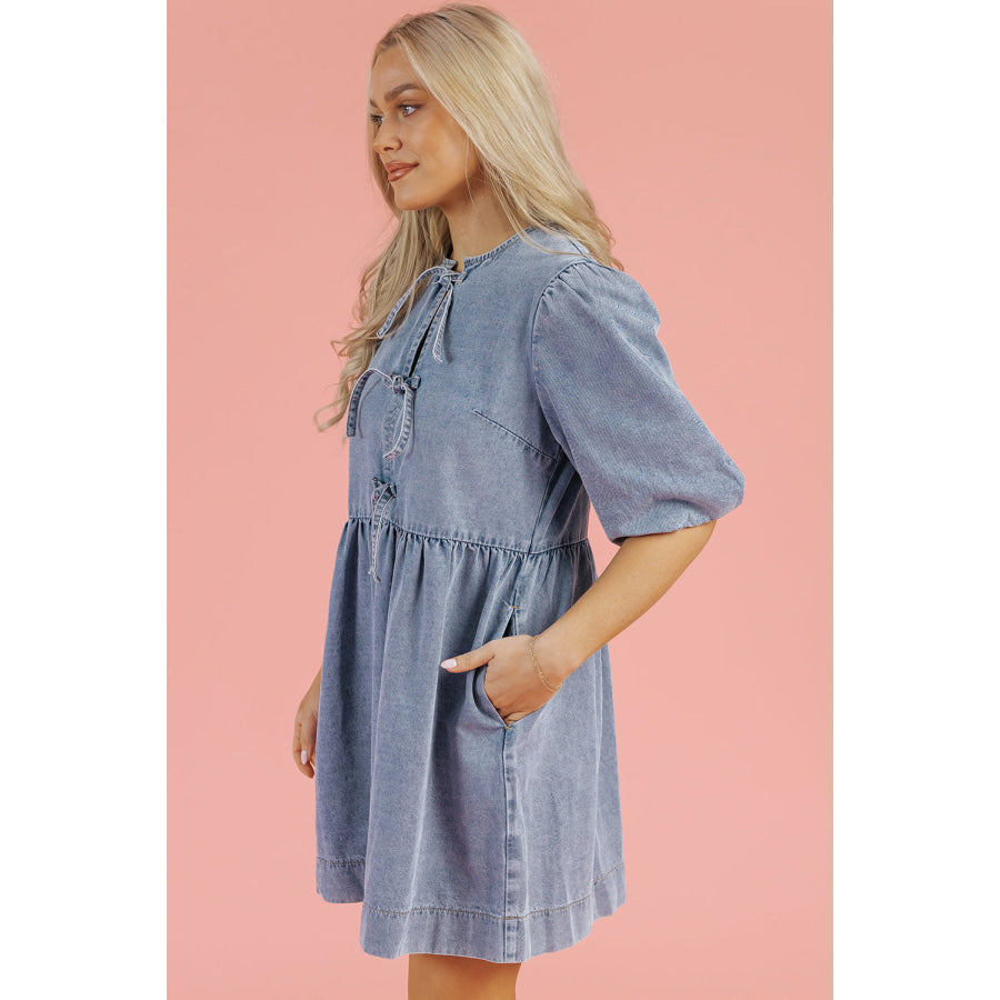 Dusk Blue Bowknot Bubble Sleeve Short Denim Dress Dresses/Mini Dresses