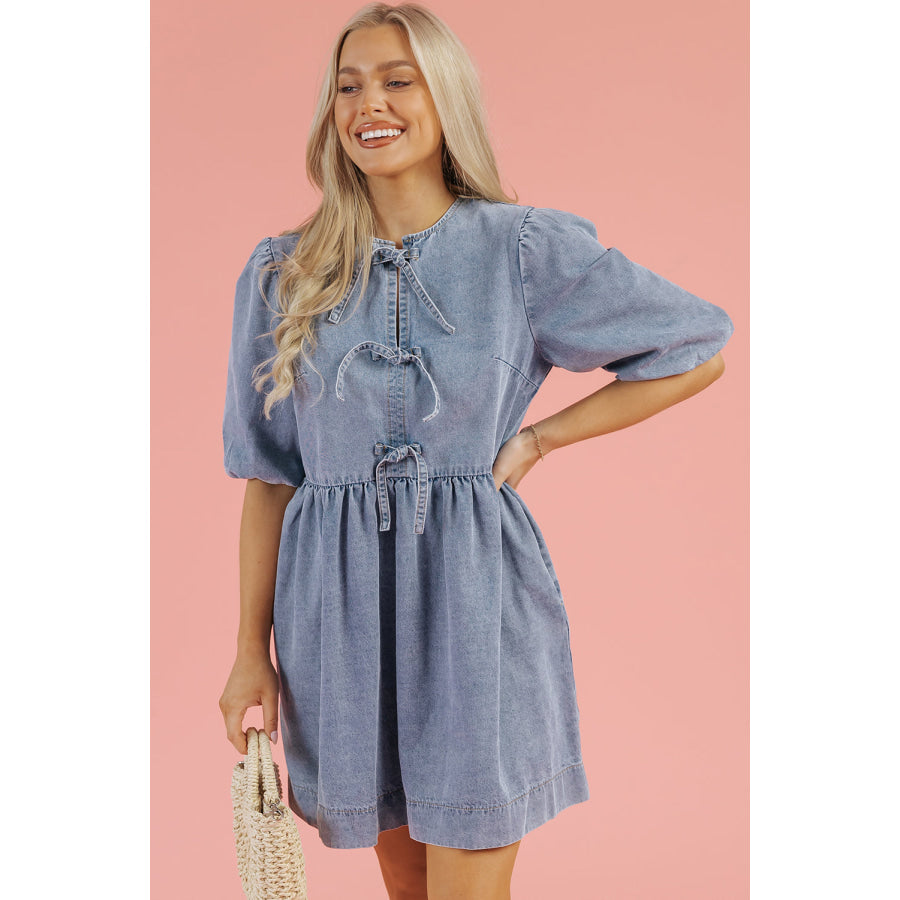 Dusk Blue Bowknot Bubble Sleeve Short Denim Dress Dresses/Mini Dresses