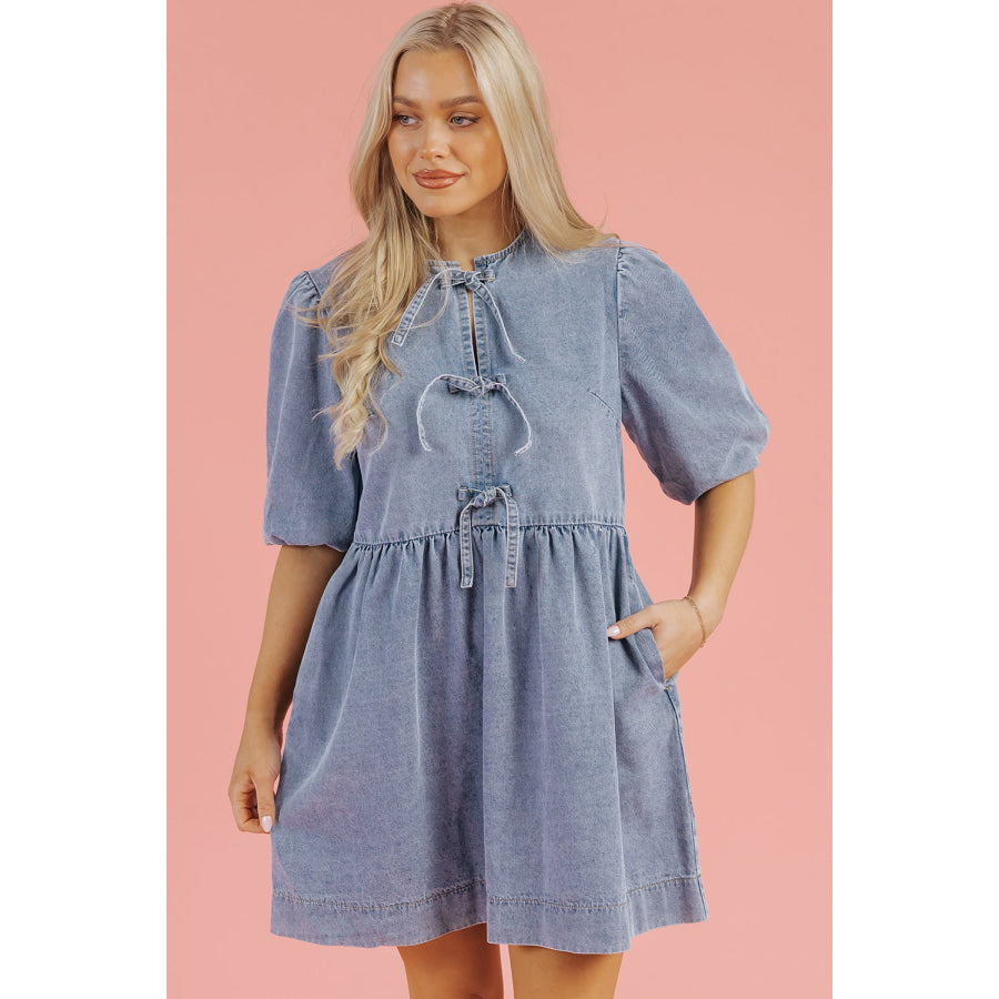 Dusk Blue Bowknot Bubble Sleeve Short Denim Dress Dusk Blue / S / 82% Cotton + 10% Polyester + 8% Viscose Dresses/Mini Dresses