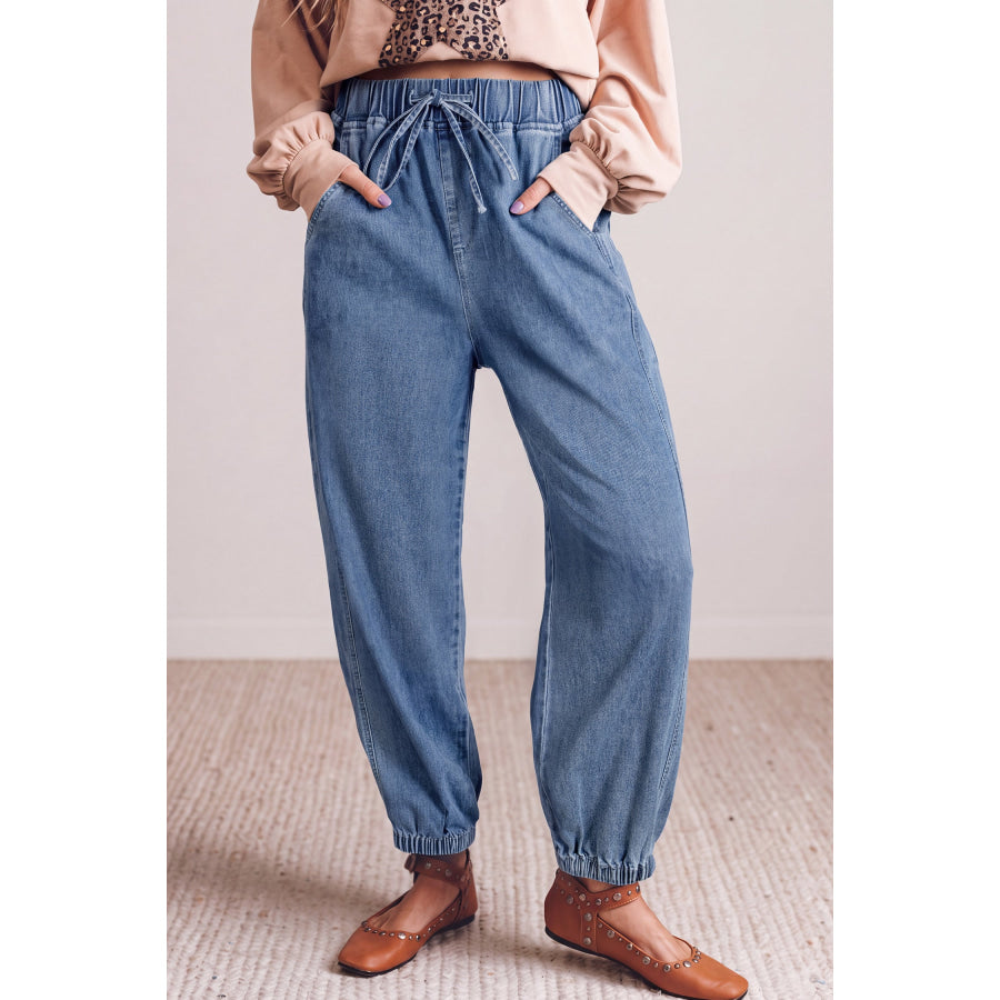 Dusk Blue Elastic Waist Harem Ankle Length Jeans Bottoms/Jeans