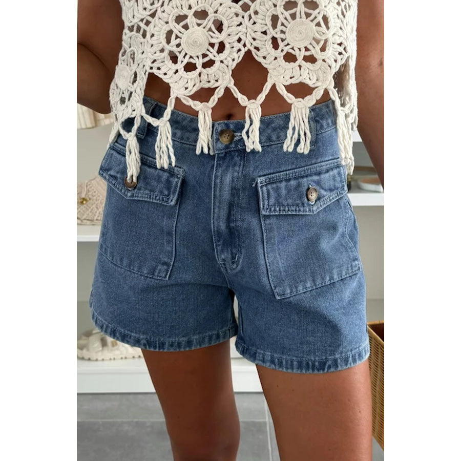 Dusk Blue Flap Pockets Denim Shorts Dusk Blue / 4 / 75% Cotton + 23% Polyester + 2% Elastane Bottoms/Denim Shorts
