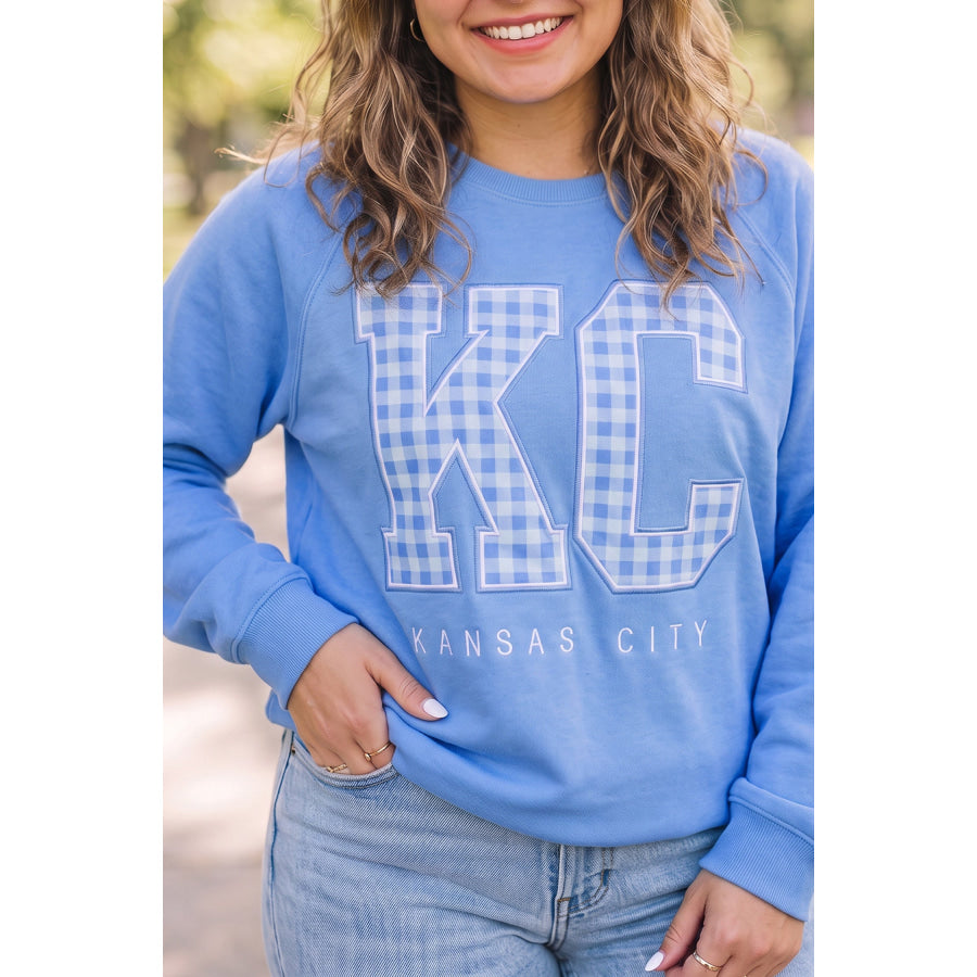 Dusk Blue Floral Letter Print Loose Fit Long Sleeve Round Neck Plus Size Sweatshirt / 1X Size/Plus Sweatshirts & Hoodies