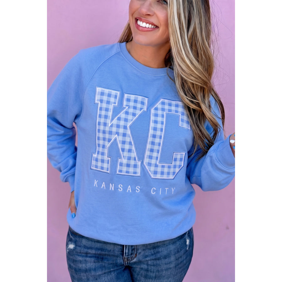 Dusk Blue Floral Letter Print Loose Fit Long Sleeve Round Neck Plus Size Sweatshirt Size/Plus Sweatshirts & Hoodies