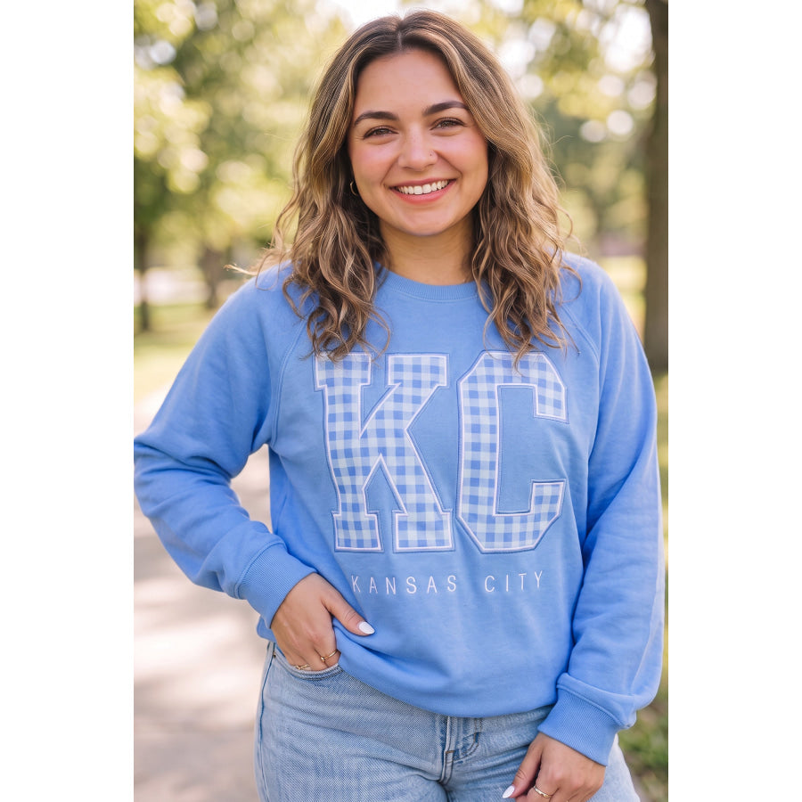 Dusk Blue Floral Letter Print Loose Fit Long Sleeve Round Neck Plus Size Sweatshirt Size/Plus Sweatshirts & Hoodies