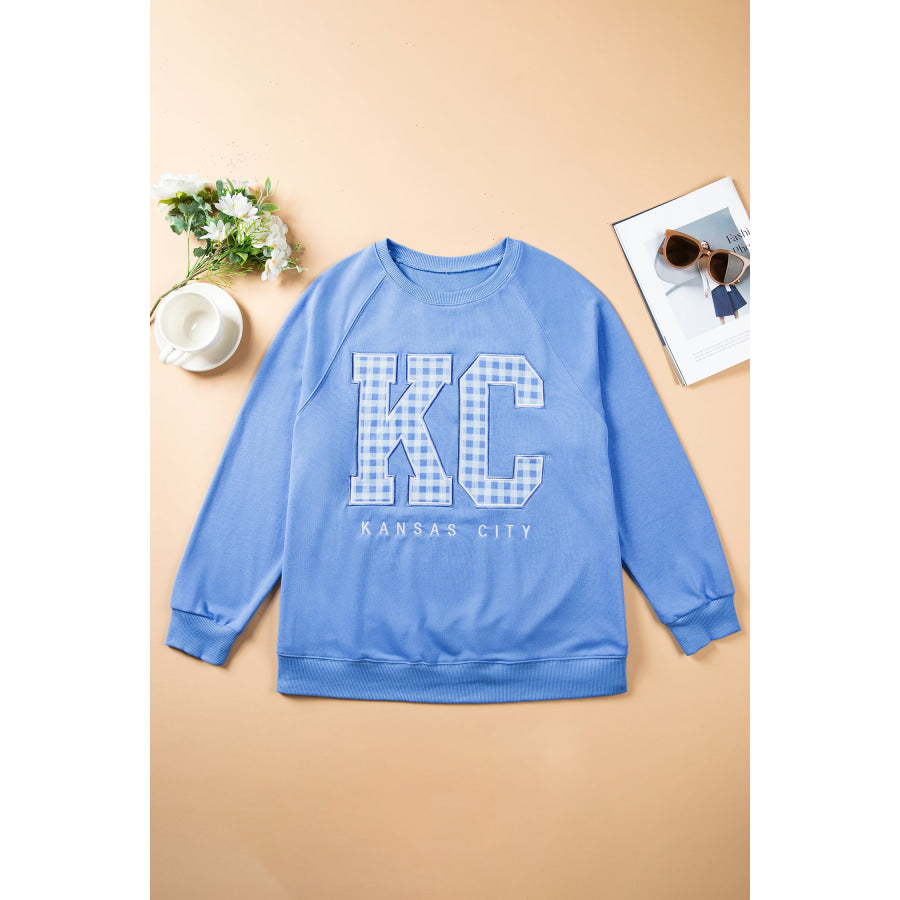 Dusk Blue Floral Letter Print Loose Fit Long Sleeve Round Neck Plus Size Sweatshirt Size/Plus Sweatshirts & Hoodies