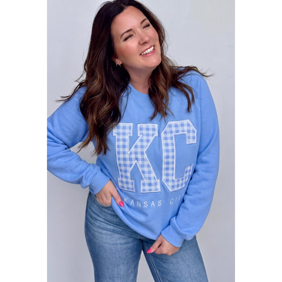 Dusk Blue Floral Letter Print Loose Fit Long Sleeve Round Neck Plus Size Sweatshirt Size/Plus Sweatshirts & Hoodies
