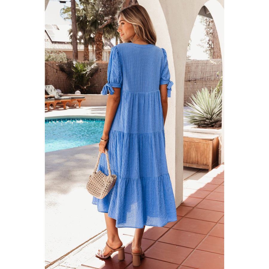 Dusk Blue Gingham Textured Bow Tie Short Sleeve Tiered Midi Dress Dresses/Midi Dresses